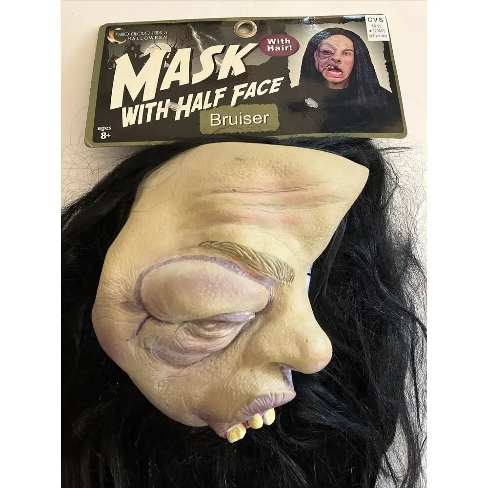 Halloween Mask NWT Vintage Latex Mario Chiodo Half Face Long Black Hair Ugly